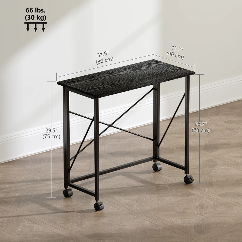 HOMCOM 31.5" Home Office Desk, Folding Desk with Wheels for Small Space, Easy Assembly for Home Office, Black Wood Effect