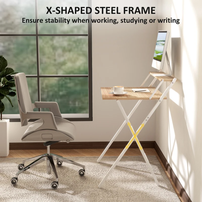 HOMCOM Folding Computer Desk, 27.6" Foldable Desk with Monitor Shelf for Small Space, Home Office, Easy Assembly, Natural Wood