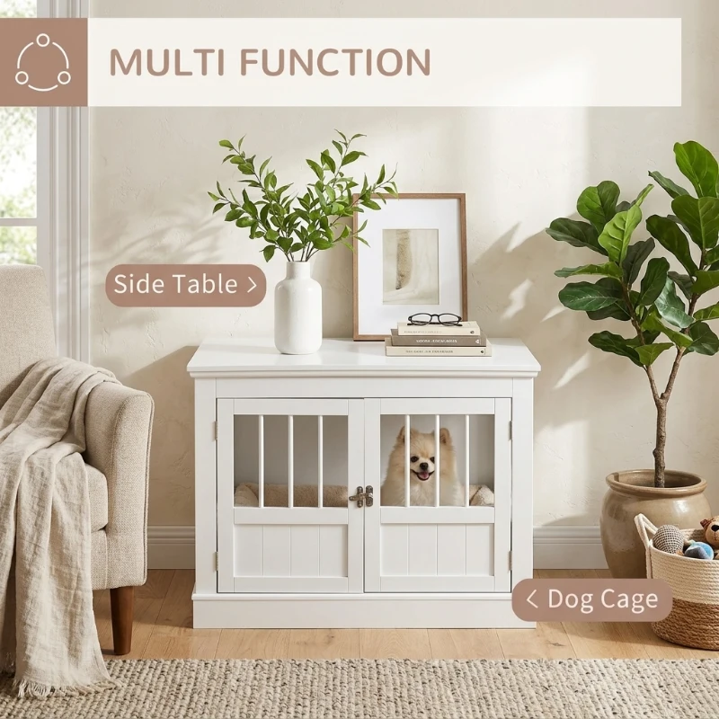 PawHut Wooden Dog Crate End Table, Dog Crate Furniture with Triple Doors, Puppy Crate for Small Dogs Indoor Use, White