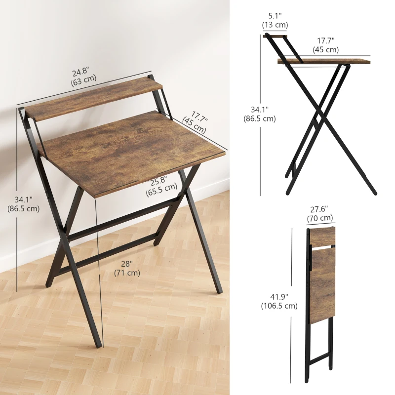 HOMCOM Folding Computer Desk, 27.6" Foldable Desk with Monitor Shelf for Small Space, Home Office, Easy Assembly, Rustic Brown