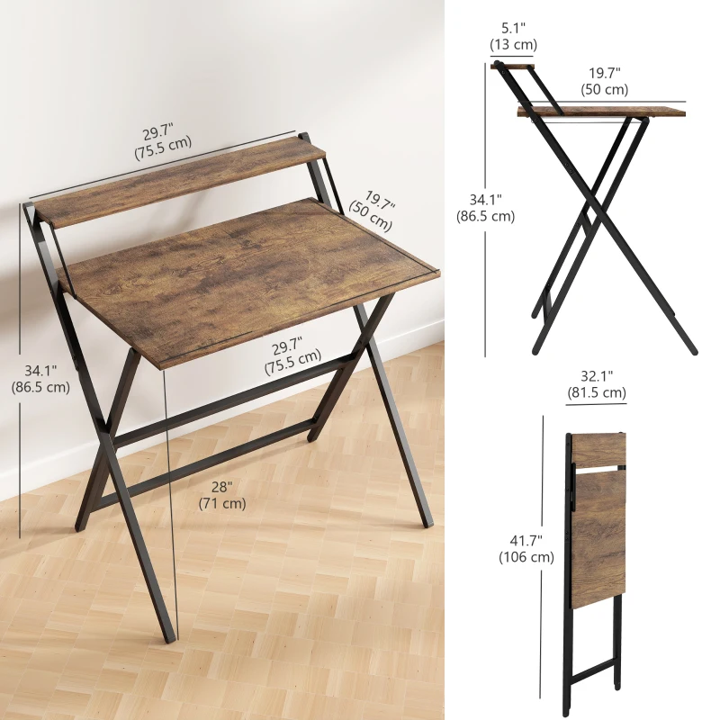 HOMCOM Folding Computer Desk, 32" Foldable Desk with Monitor Shelf for Small Space, Home Office, Easy Assembly, Rustic Brown