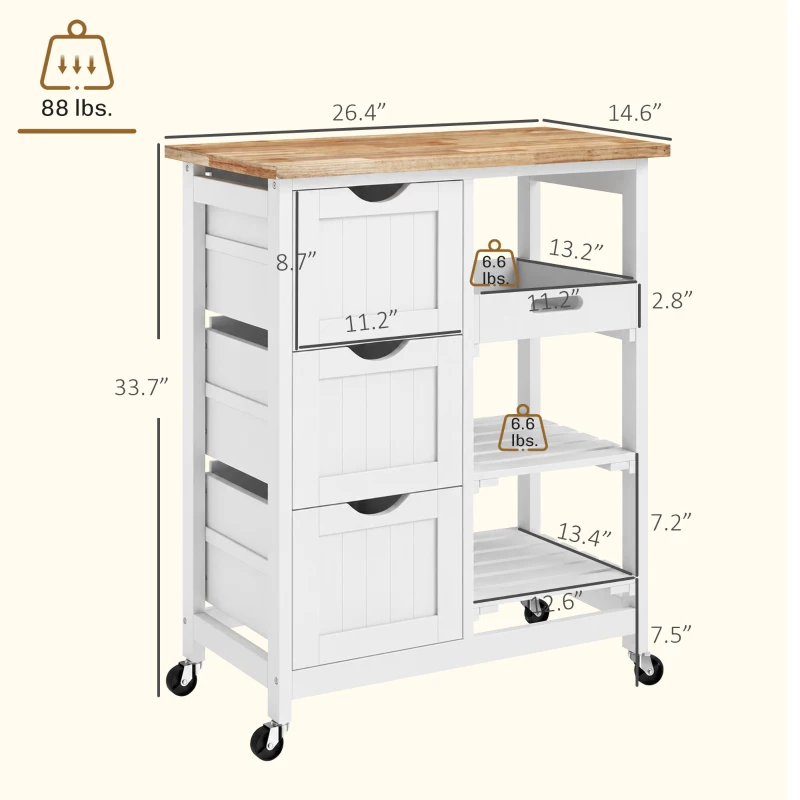 HOMCOM Rolling Kitchen Cart, Kitchen Island with Wood Top, Shelves & Drawers for Dining Area, White
