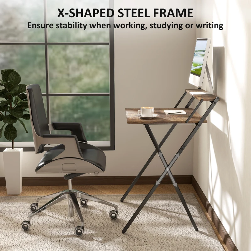 HOMCOM Folding Computer Desk, 27.6" Foldable Desk with Monitor Shelf for Small Space, Home Office, Easy Assembly, Rustic Brown