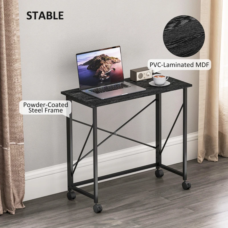 HOMCOM 31.5" Home Office Desk, Folding Desk with Wheels for Small Space, Easy Assembly for Home Office, Black Wood Effect