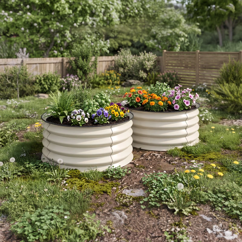 Outsunny Set of 2 Raised Garden Bed, Metal Planter Box with Safety Edging, Easy-to-assemble Stock Tank, Cream