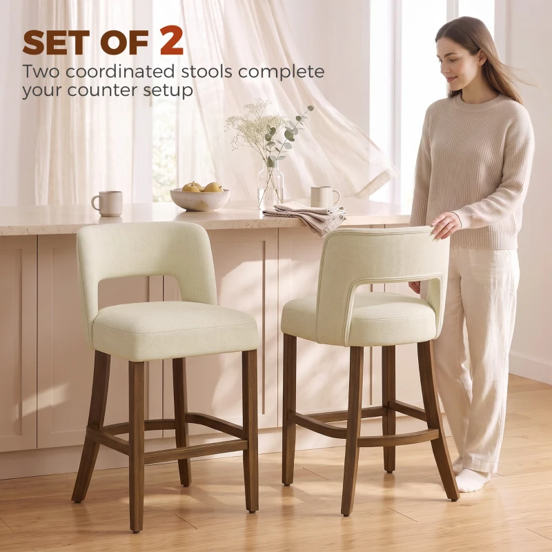 HOMCOM Bar Stools Set of 2, 26" Counter Height Stools with Curved Backrest, Footrest, for Kitchen Island, Dining Room, Beige
