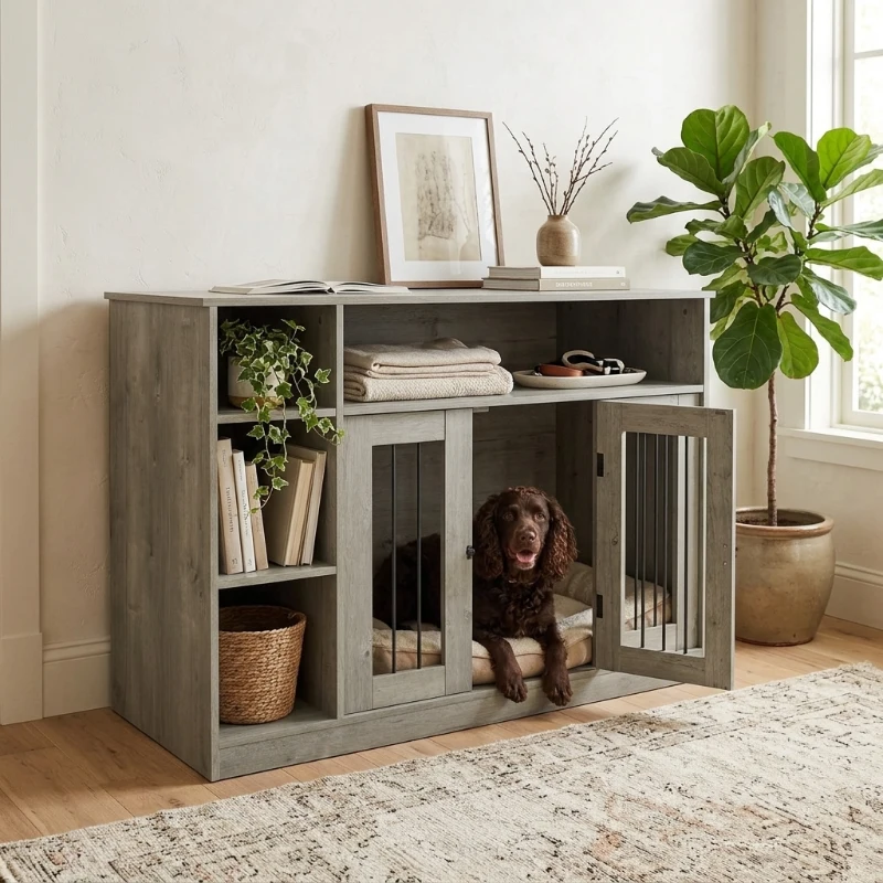 PawHut 47" Dog Crate Furniture with Storage, for Medium Dogs, Gray