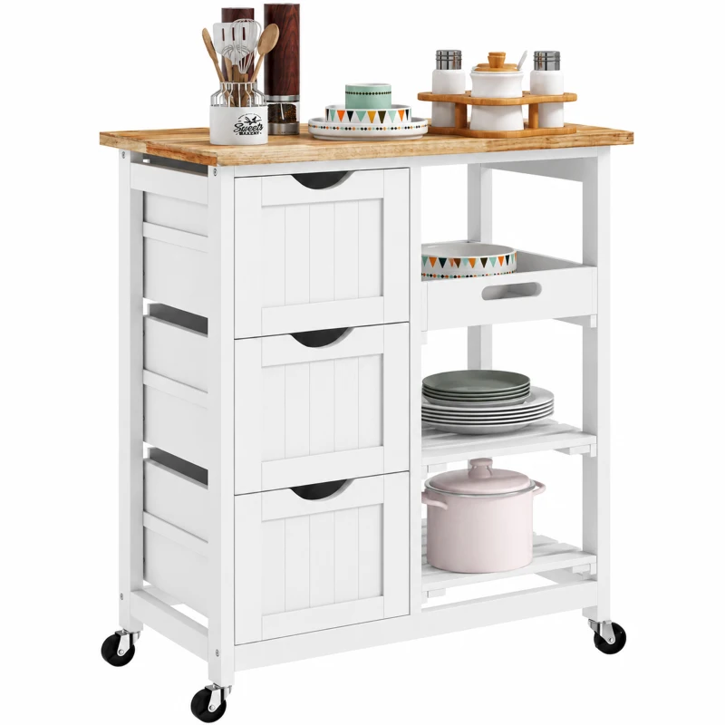 HOMCOM Rolling Kitchen Cart, Kitchen Island with Wood Top, Shelves & Drawers for Dining Area, White