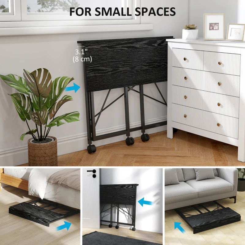 HOMCOM 31.5" Home Office Desk, Folding Desk with Wheels for Small Space, Easy Assembly for Home Office, Black Wood Effect