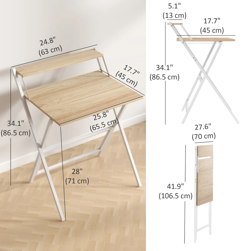 HOMCOM Folding Computer Desk, 27.6" Foldable Desk with Monitor Shelf for Small Space, Home Office, Easy Assembly, Natural Wood