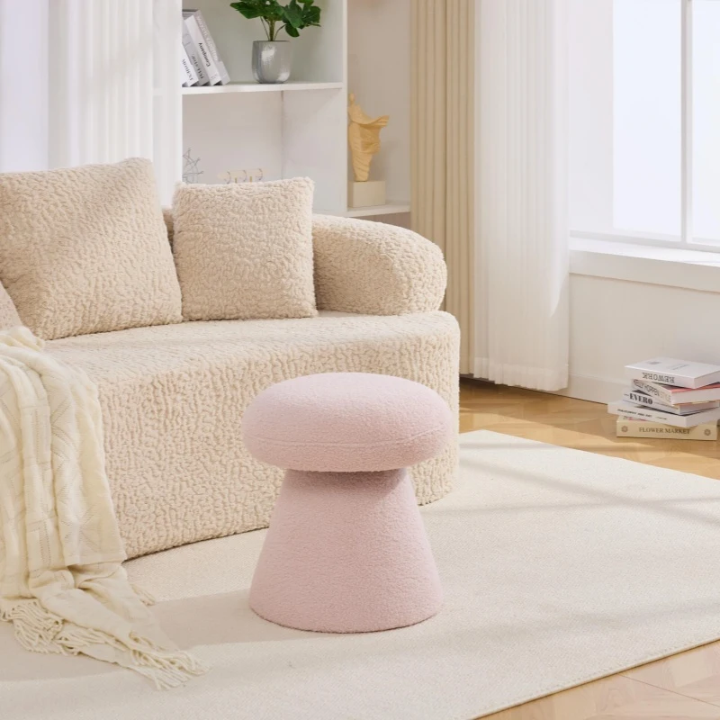 Cozy Mushroom Ottoman with Teddy Upholstery and 360° Swivel, Chic Footstool with Non-Slip Feet and No Assembly, 16'' L x 16" W x 17.5" H, Pink
