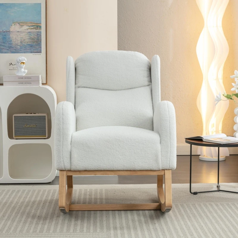 Elegant Teddy Fabric Rocking Chair with Ergonomic Backrest and Plush Filling, Accent Chair with Wooden Legs, 38'' L x 28" W x 40" H, Ivory