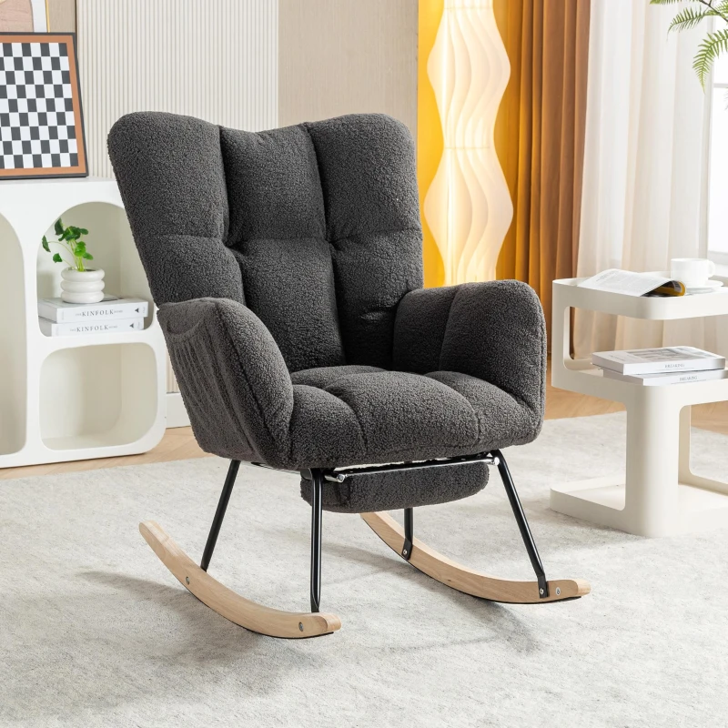 Soft Teddy Fabric Rocking Chair with Adjustable Footrest, Ergonomic Nursery Chair for Living Room , 37-49'' L x 26"W x 35-36" H, Dark Gray