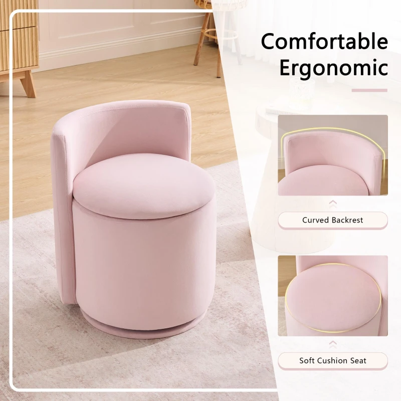 Elegant Velvet Accent Chair with 360° Swivel and 20L Hidden Storage, Chic Barrel Chair with Curved Backrest, 18.5'' L x 18.5" W x 22" H, Pink