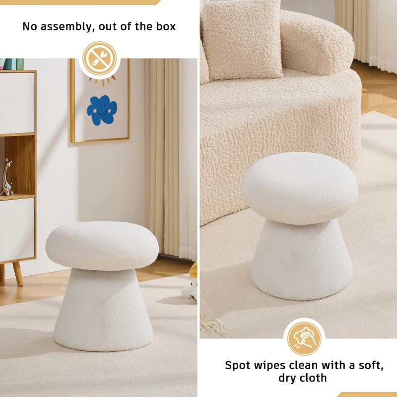 Cozy Teddy Fabric Mushroom Ottoman with 360-Degree Swivel, Versatile Shoe-Changing Stool for Bedroom Living Room, 16'' L x 16"W x 17.5" H, White