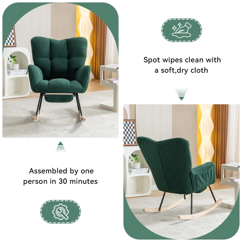 Cozy Teddy Fabric Rocking Chair with Adjustable Footstool, Ergonomic Nursery Chair for Living Room Bedroom, 37-49'' L x 26"W x 35-36" H, Green