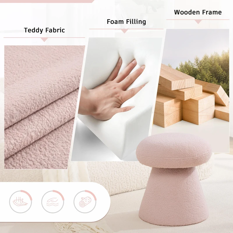 Cozy Mushroom Ottoman with Teddy Upholstery and 360° Swivel, Chic Footstool with Non-Slip Feet and No Assembly, 16'' L x 16" W x 17.5" H, Pink