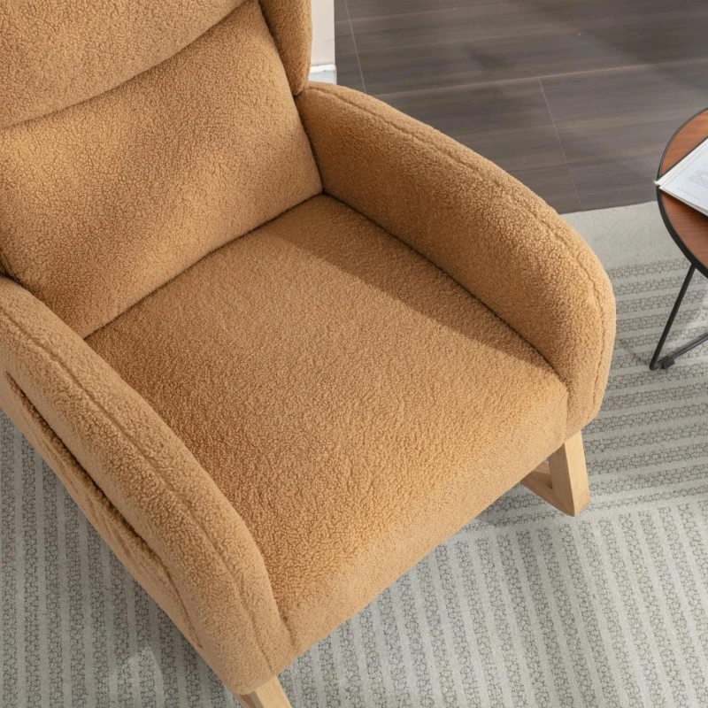 Elegant Teddy Fabric Rocking Chair with Ergonomic Backrest, Modern Lounge Chair with Wooden Frame and Legs, 38'' L x 28" W x 40" H, Khaki