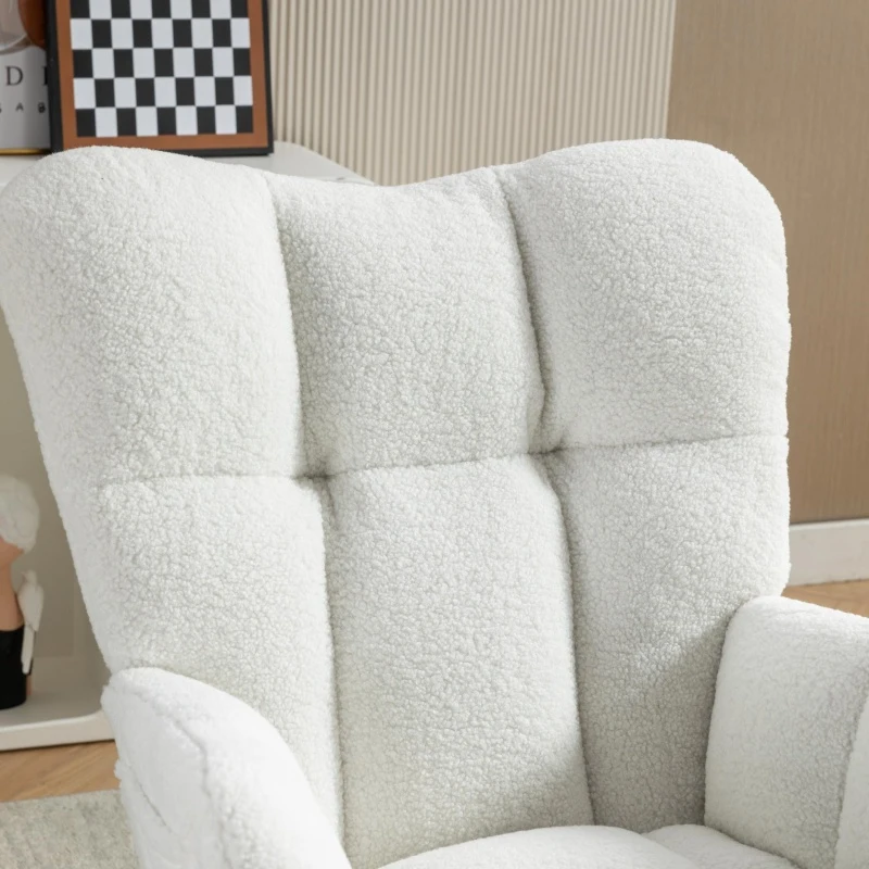 Plush Teddy Fabric Rocking Chair with Adjustable Footstool, Ergonomic Nursery Chair for Living Room Bedroom, 37-49'' L x 26"W x 35-36" H, Ivory