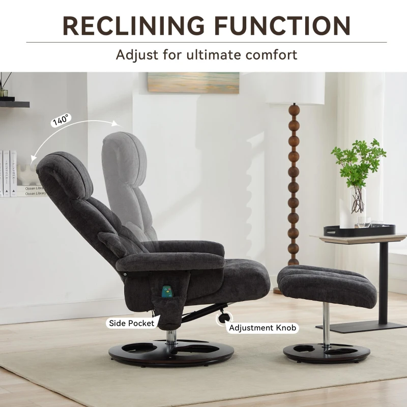 Ergonomic Recliner Chair with Ottoman and Massage, Swivel Lounge Chair with Heated Seat and 140° Recline, 32'' L x 33" W x 43.5" H, Dark Gray
