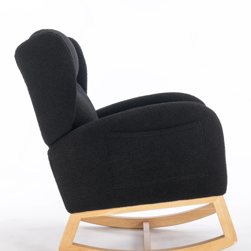 Cozy Teddy Fabric Rocking Chair with Wingback and Larger Seat, Ergonomic Nursery Chair for Living Room Bedroom, 38'' L x 28"W x 40" H, Black