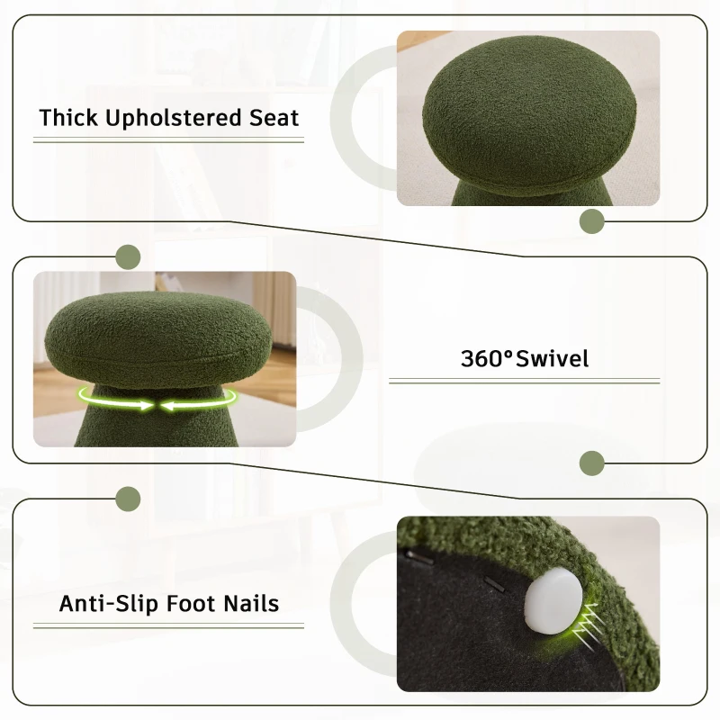 Mushroom-Shaped Swivel Ottoman with Teddy Upholstery, Chic Footstool with 360° Rotation and No Assembly, 16'' L x 16" W x 17.5" H, Green