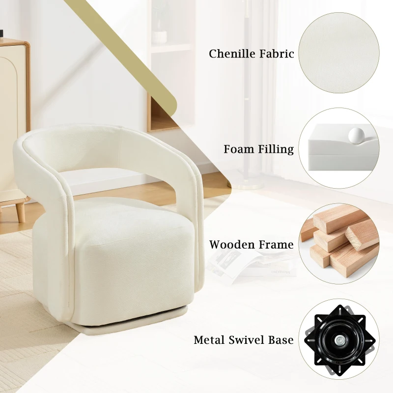 Cozy Chenille Swivel Accent Armchair with Curved Backrest, Stylish Barrel Leisure Chair for Living Room Study, 27.5'' L x 25.5"W x 29" H, White