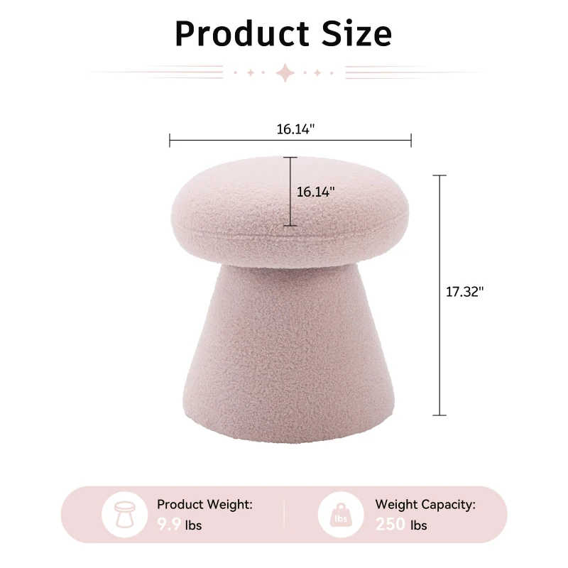 Cozy Mushroom Ottoman with Teddy Upholstery and 360° Swivel, Chic Footstool with Non-Slip Feet and No Assembly, 16'' L x 16" W x 17.5" H, Pink