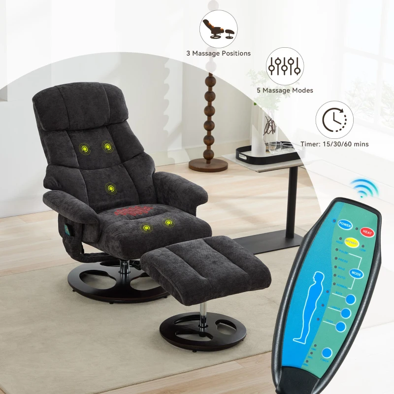 Ergonomic Recliner Chair with Ottoman and Massage, Swivel Lounge Chair with Heated Seat and 140° Recline, 32'' L x 33" W x 43.5" H, Dark Gray
