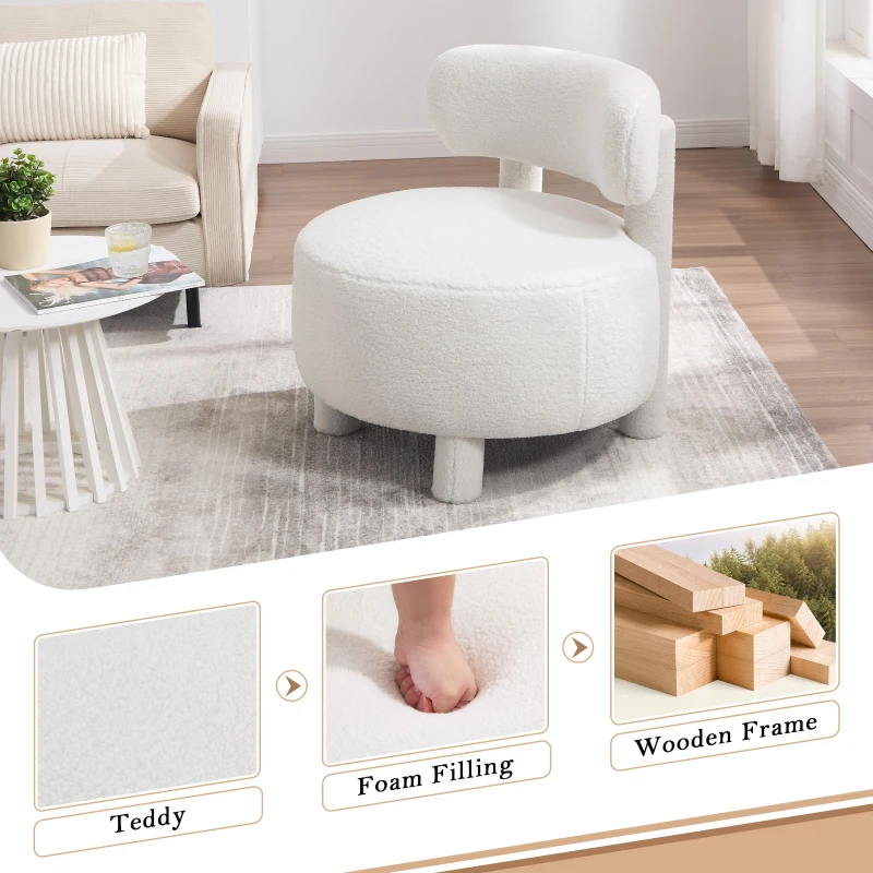 Cozy Teddy Fabric Accent Chair with Padded Seat Cushion, Modern Slipper Chair for Living Room Bedroom Vanity, 28.5'' L x 28.5"W x 30" H, White