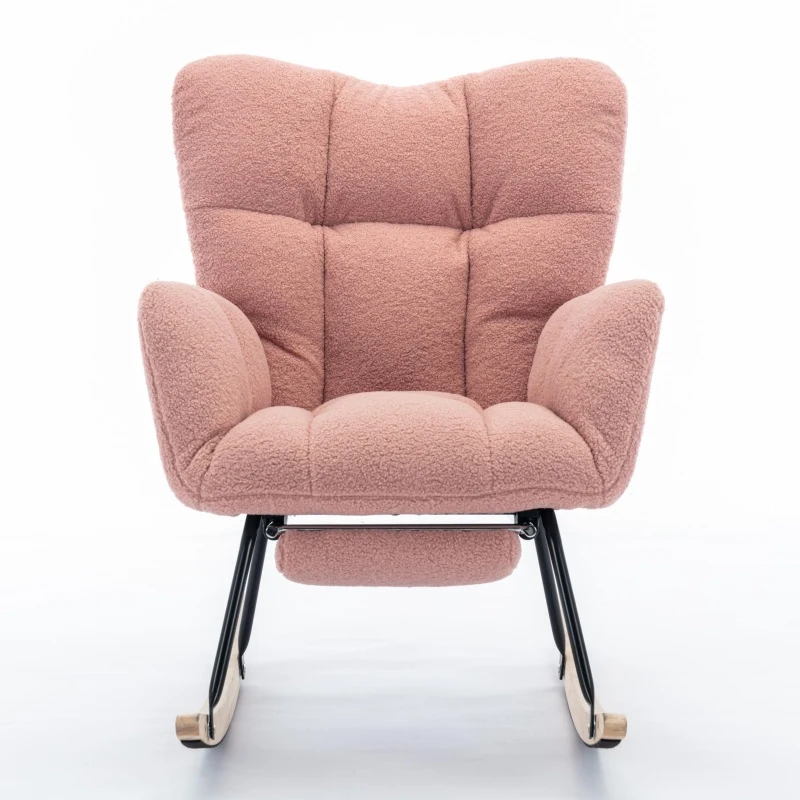 Snug Teddy Fabric Rocking Chair with Adjustable Footstool, Ergonomic Nursery Chair for Living Room Bedroom, 37-49'' L x 26"W x 35-36" H, Pink