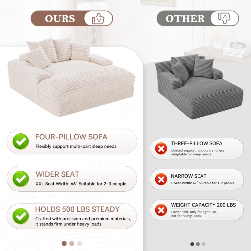 Oversized Corduroy Chaise Lounge Sofa with High-Resilience Foam, Plush Sleeper Couch for Living Room Apartment, 69'' L x 65.5"W x 24.5" H, Beige