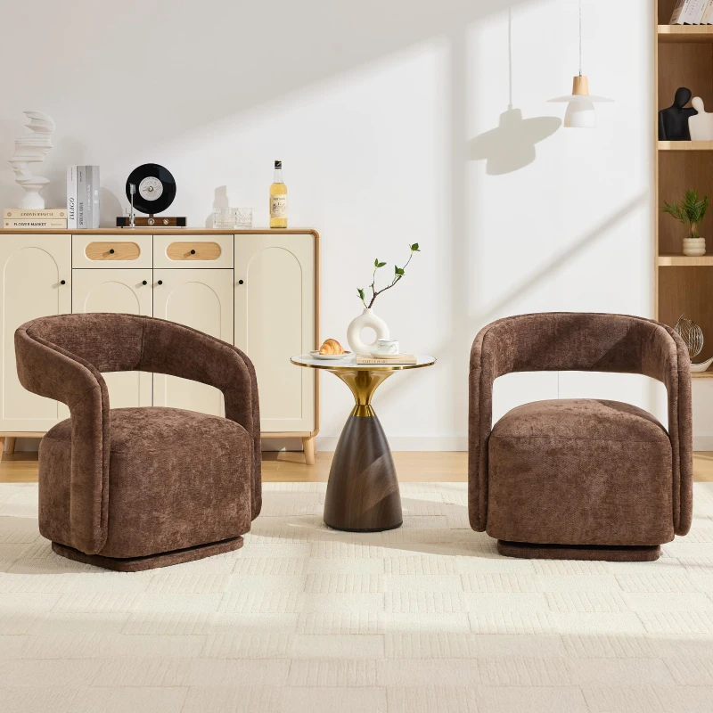 Elegant Swivel Accent Armchair with Curved Backrest, Soft Chenille Barrel Chair with 360° Rotation, Foam Seat, 27.5'' L x 25.5" W x 29" H, Brown