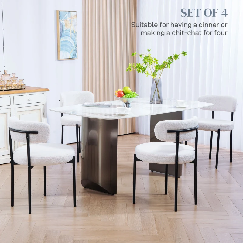 HOMCOM Round Modern Upholstered Kitchen Chairs, Boucle Dining Chairs Set of 4 with Curved Backrest and Thick Cushion, White