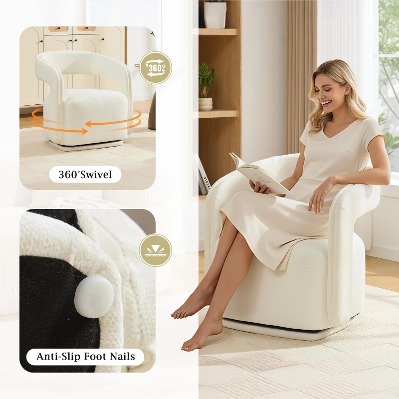 Cozy Chenille Swivel Accent Armchair with Curved Backrest, Stylish Barrel Leisure Chair for Living Room Study, 27.5'' L x 25.5"W x 29" H, White