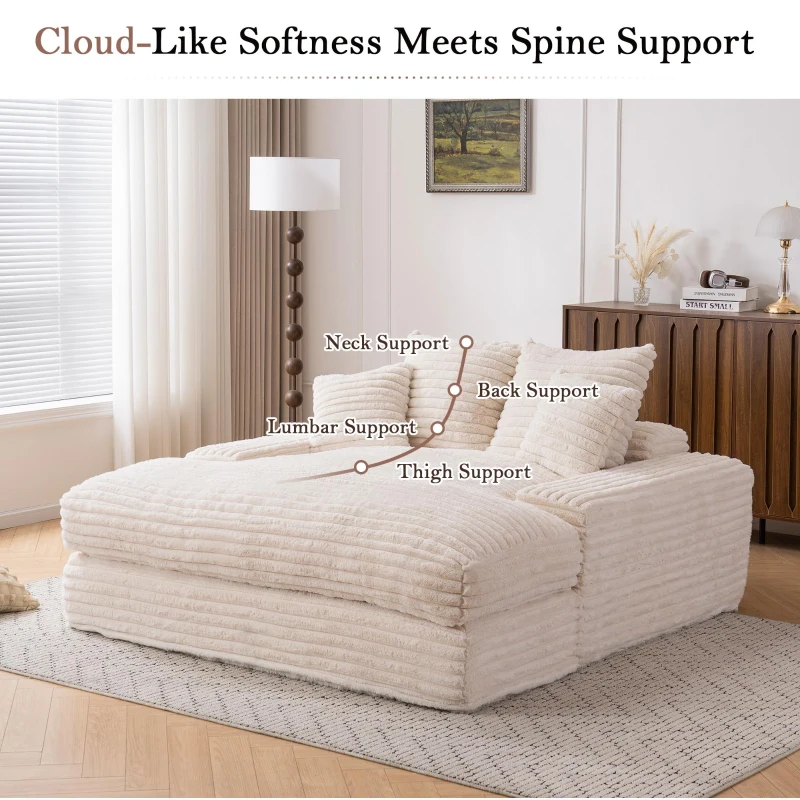 Oversized Chaise Sleeper Sofa with Corduroy, Pillows and Armrests, No-Assembly Lounge Chair for Living Room, 69'' L x 65.5" W x 24.5" H, Beige