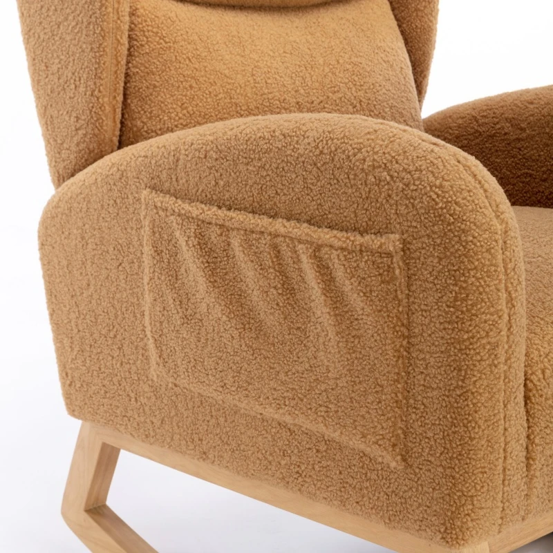 Elegant Teddy Fabric Rocking Chair with Ergonomic Backrest, Modern Lounge Chair with Wooden Frame and Legs, 38'' L x 28" W x 40" H, Khaki