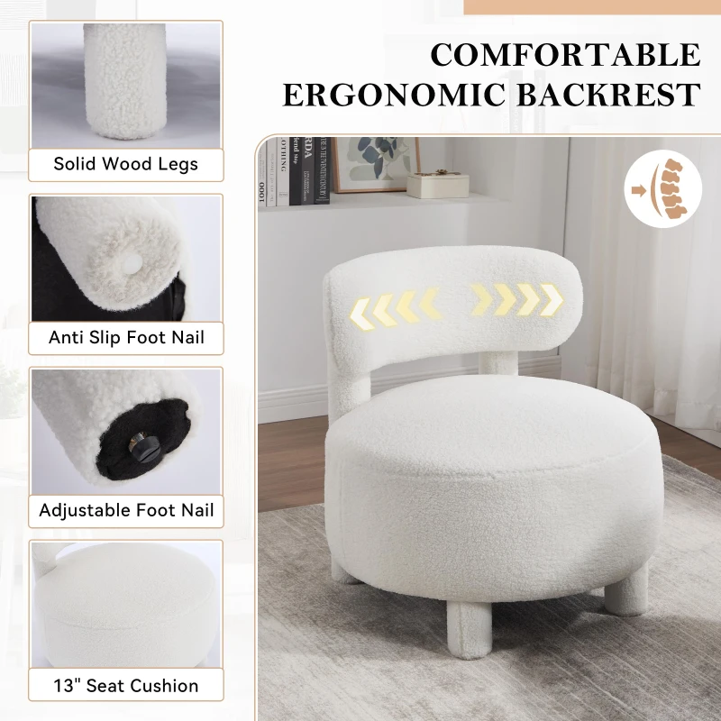 Cozy Teddy Fabric Accent Chair with Padded Seat Cushion, Modern Slipper Chair for Living Room Bedroom Vanity, 28.5'' L x 28.5"W x 30" H, White