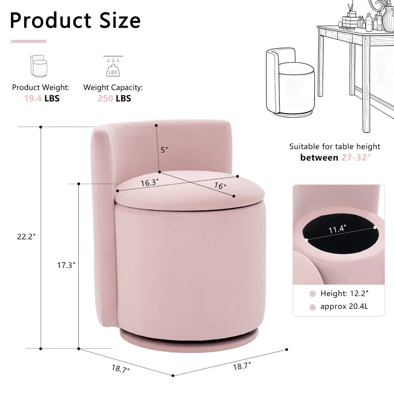 Elegant Velvet Accent Chair with 360° Swivel and 20L Hidden Storage, Chic Barrel Chair with Curved Backrest, 18.5'' L x 18.5" W x 22" H, Pink