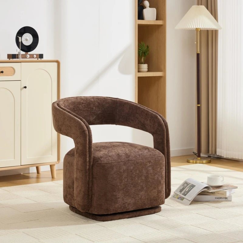 Elegant Swivel Accent Armchair with Curved Backrest, Soft Chenille Barrel Chair with 360° Rotation, Foam Seat, 27.5'' L x 25.5" W x 29" H, Brown