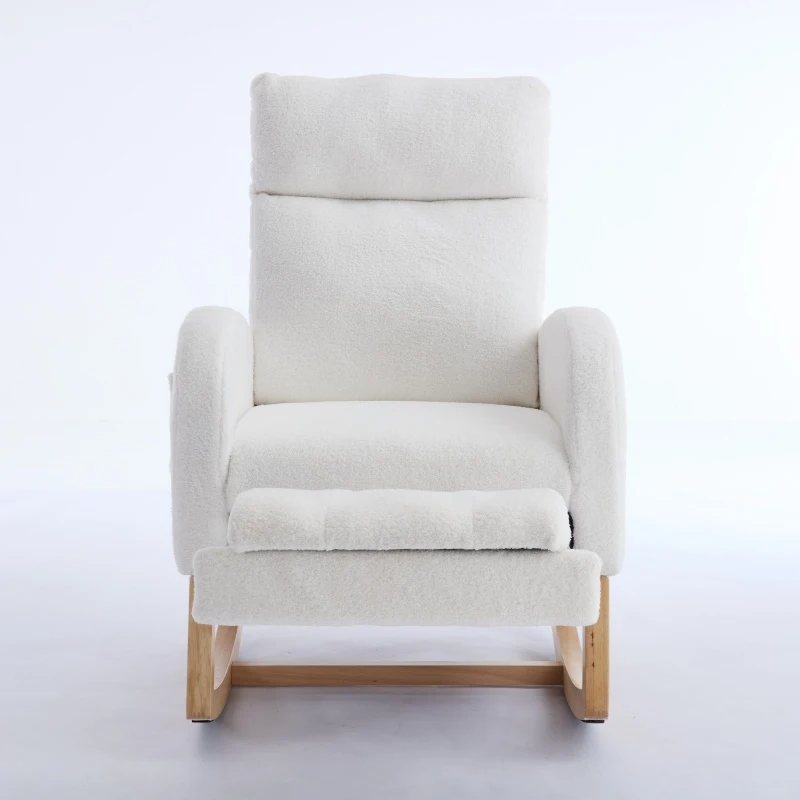 Cozy Teddy Fabric Rocking Chair with Adjustable Footstool, Ergonomic Nursery Chair for Living Room, 35-49'' L x 27.5"W x 40-41.5" H, White