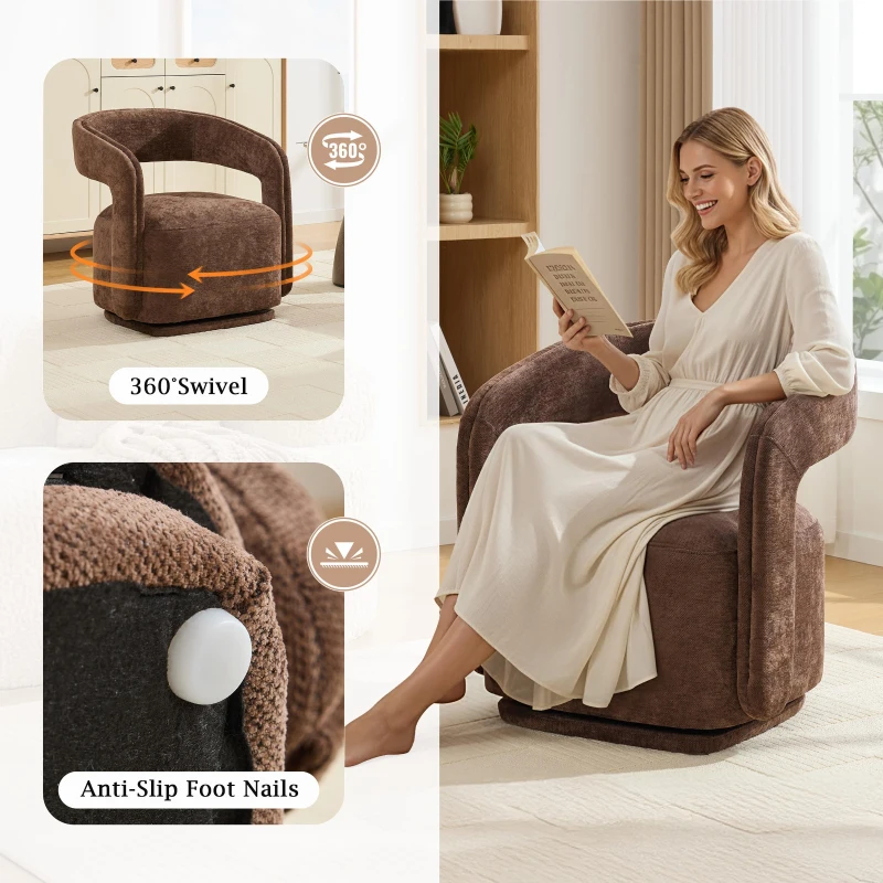 Elegant Swivel Accent Armchair with Curved Backrest, Soft Chenille Barrel Chair with 360° Rotation, Foam Seat, 27.5'' L x 25.5" W x 29" H, Brown