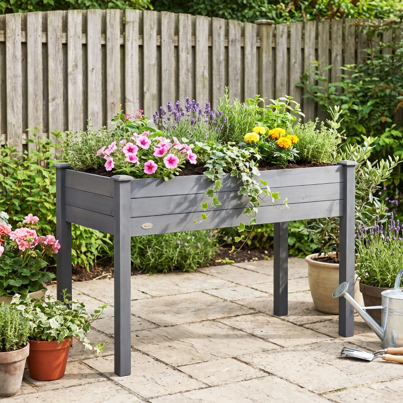 Outsunny 48" Raised Garden Bed, Elevated Wooden Planter Box with Holes for Vegetables, Herb, Flowers for Backyard, Dark Gray