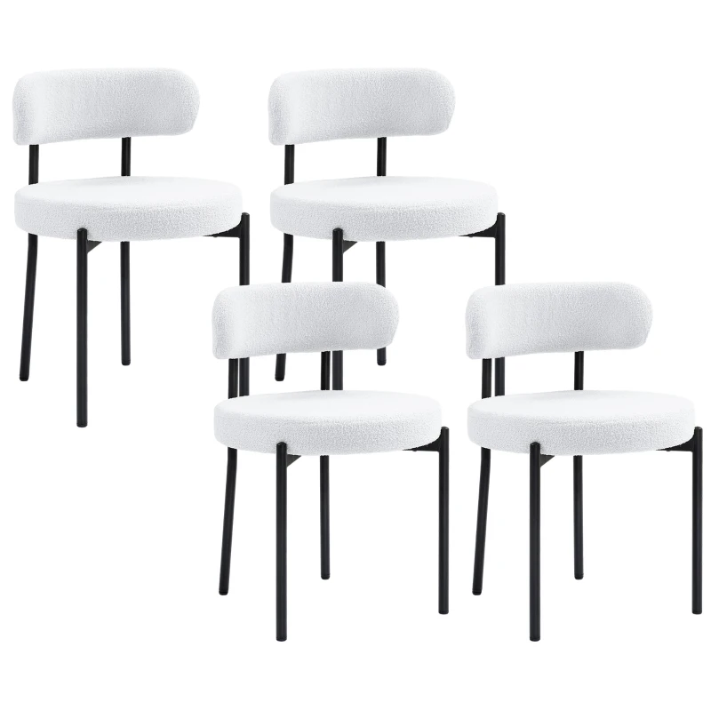 HOMCOM Round Modern Upholstered Kitchen Chairs, Boucle Dining Chairs Set of 4 with Curved Backrest and Thick Cushion, White