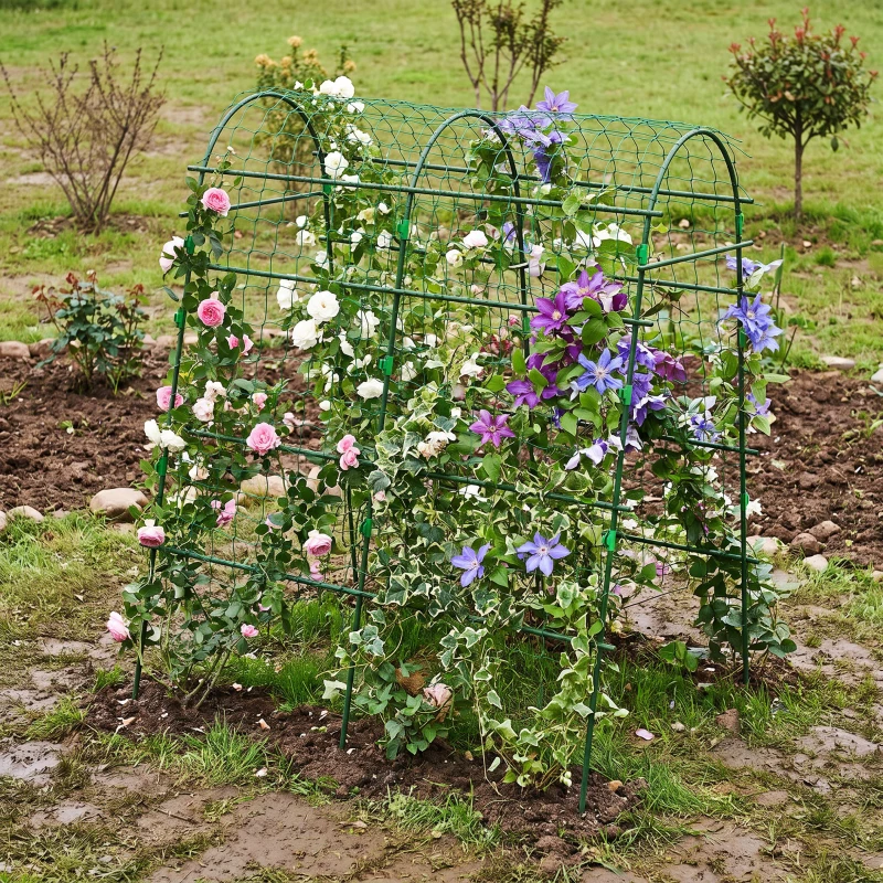 Outsunny Metal Garden Trellis, Arch Trellis for Climbing Plants Outdoor, A-Frame, with Climbing Net, 57" x 66" x 81", Green