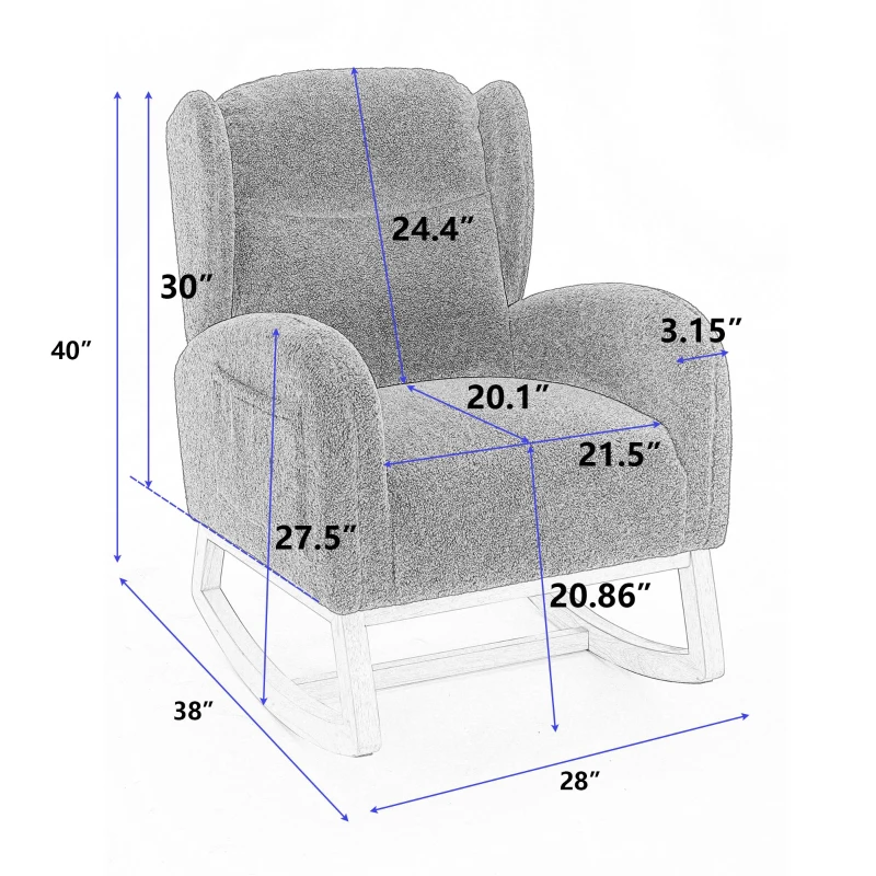 Elegant Teddy Fabric Rocking Chair with Ergonomic Backrest and Plush Filling, Accent Chair with Wooden Legs, 38'' L x 28" W x 40" H, Ivory