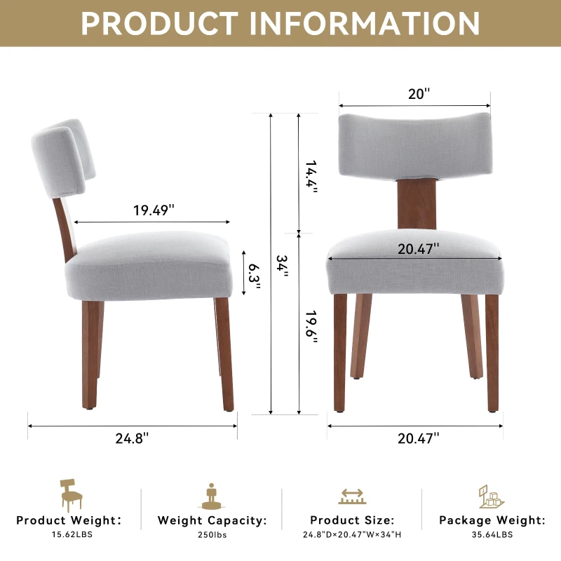 Modern Linen Armless Dining Chair with Padded Seat Cushion, Versatile Side Chair for Dining Room Living Room, 24.5'' L x 20.5"W x 34" H, Gray