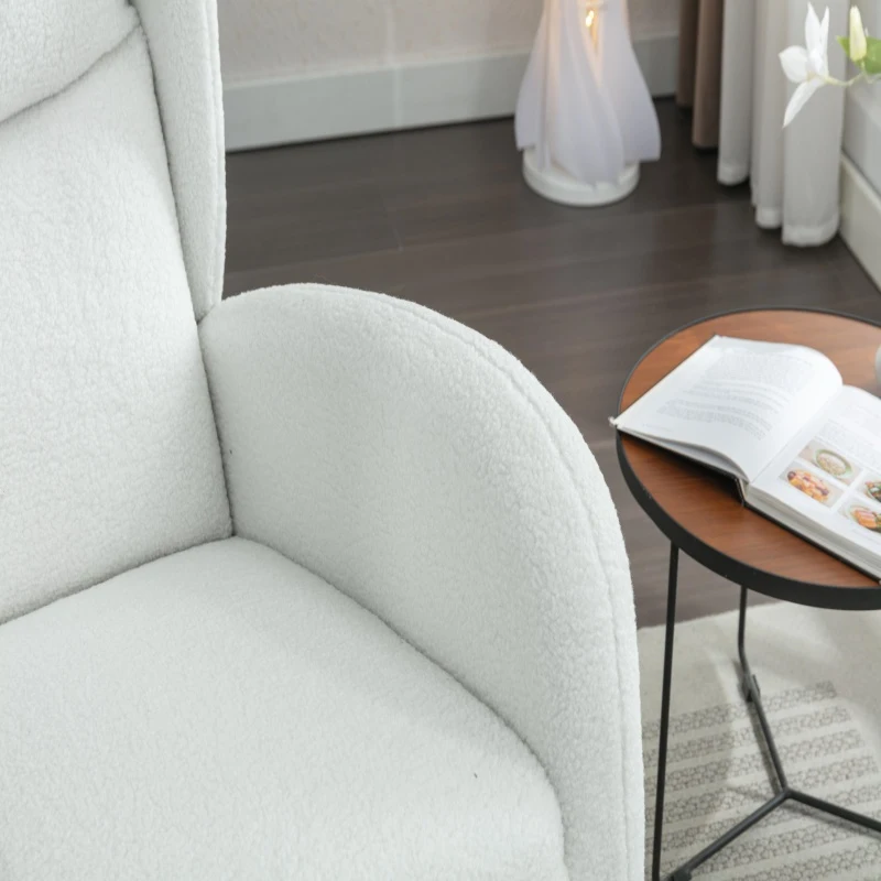 Elegant Teddy Fabric Rocking Chair with Ergonomic Backrest and Plush Filling, Accent Chair with Wooden Legs, 38'' L x 28" W x 40" H, Ivory