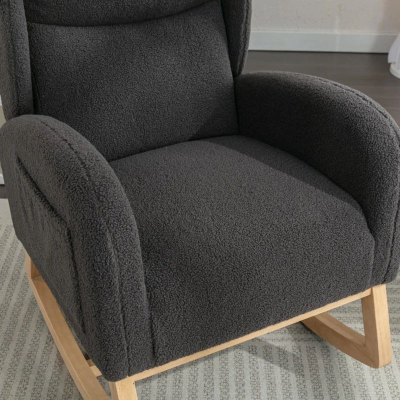 Elegant Teddy Fabric Rocking Chair with Ergonomic Backrest and Plush Filling, Accent Chair with Wooden Legs, 38'' L x 28" W x 40" H, Dark Gray