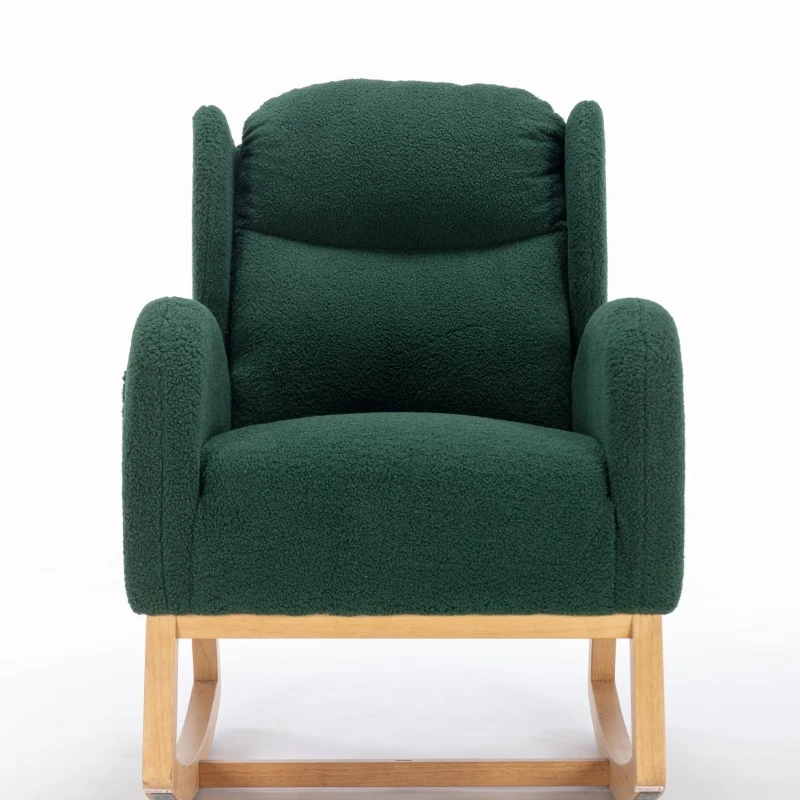 Elegant Teddy Fabric Rocking Chair with Ergonomic Backrest and Plush Filling, Accent Chair with Wooden Legs, 38'' L x 28" W x 40" H, Green